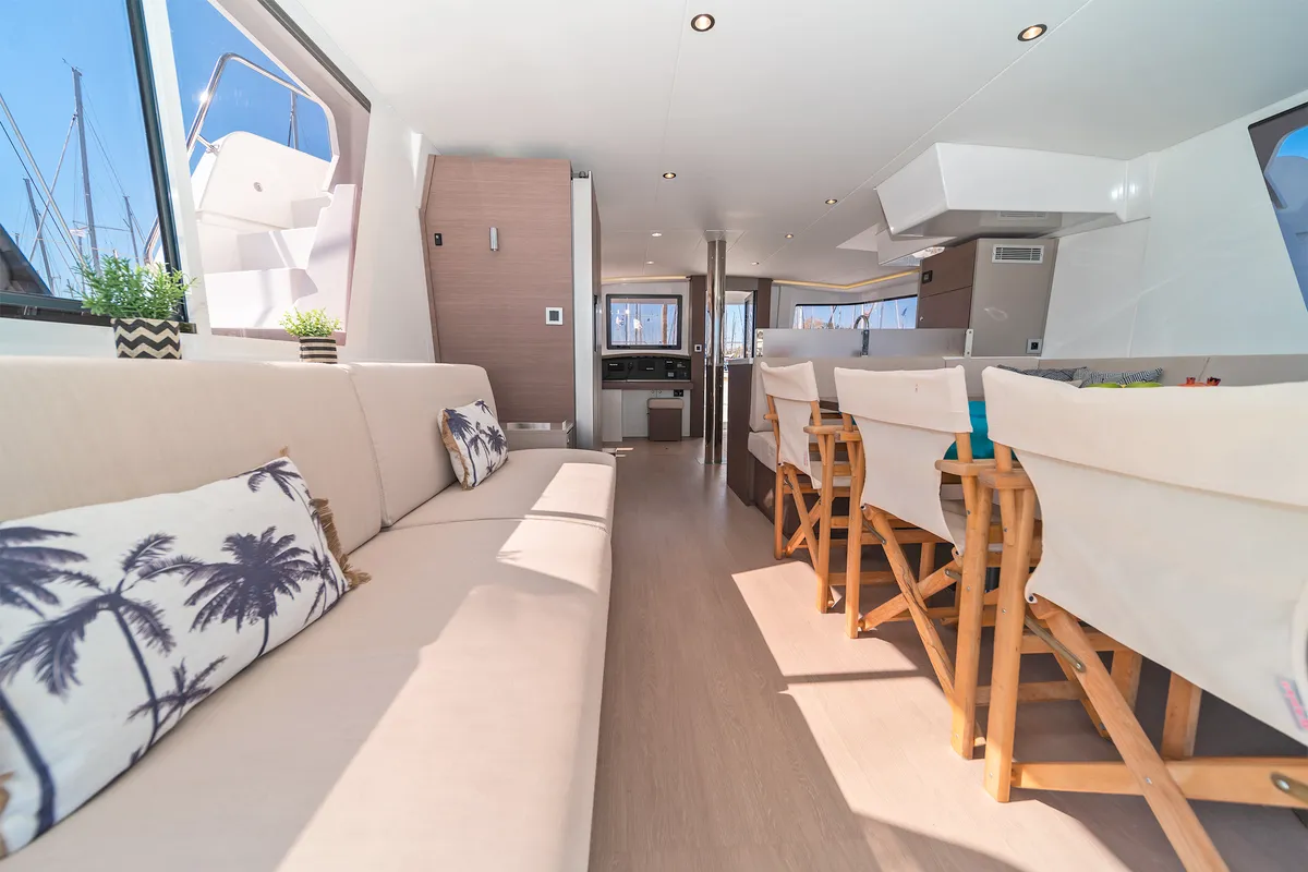 Salon of About Time, a Bali 4.8 catamaran at Athens, Greece