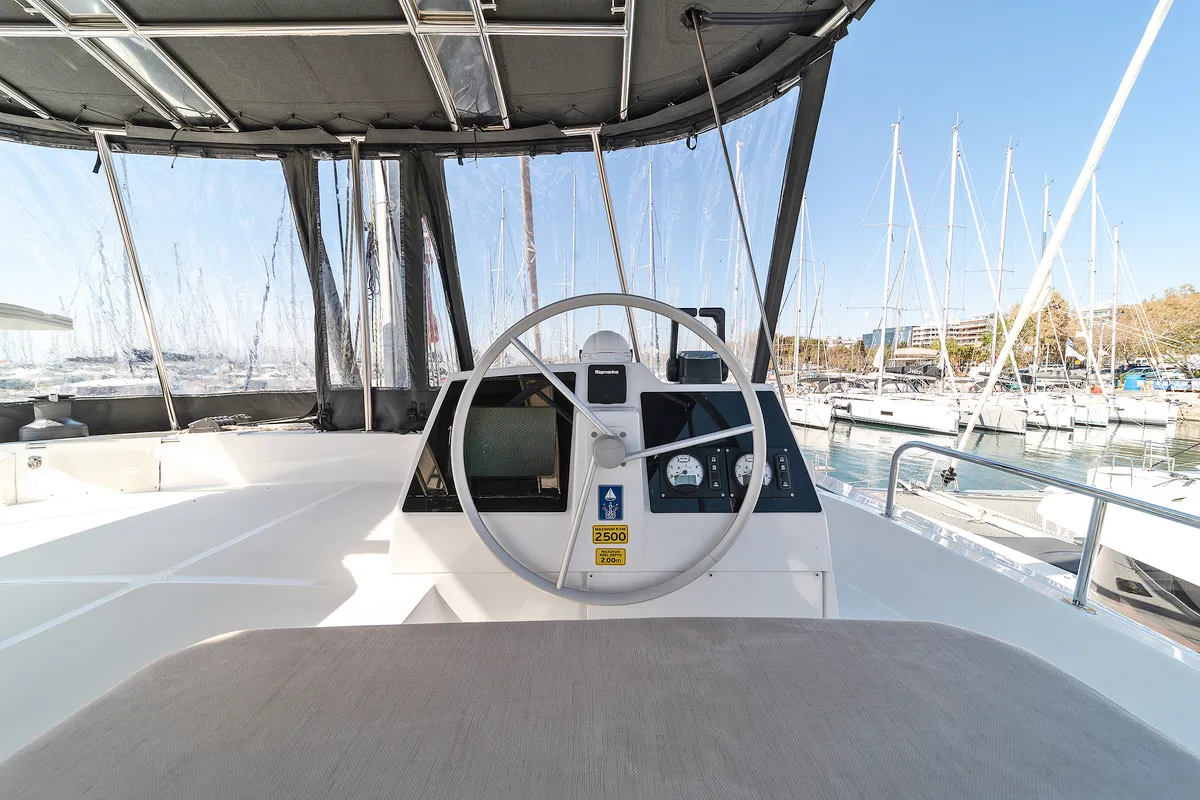 Cockpit of About Time, a Bali 4.8 catamaran at Athens, Greece
