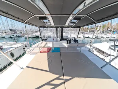 Deck of About Time, a Bali 4.8 catamaran at Athens, Greece