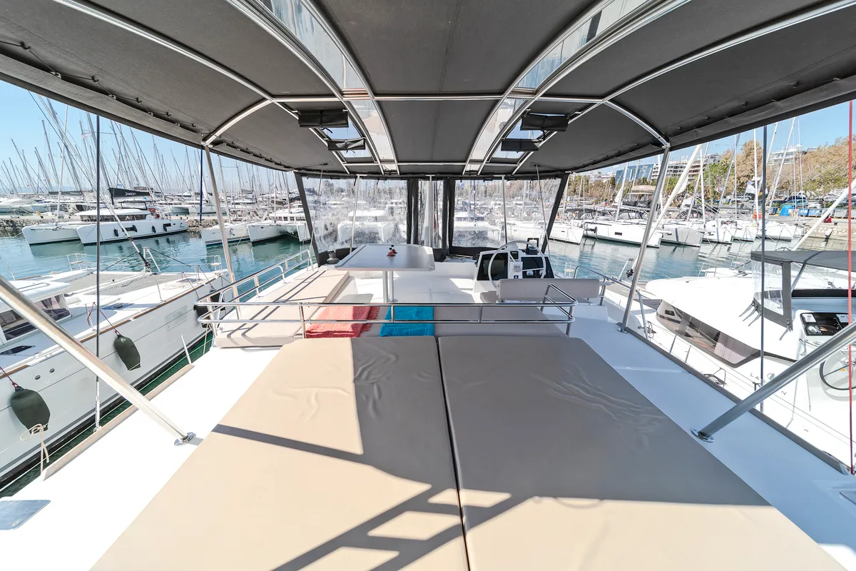 Deck of About Time, a Bali 4.8 catamaran at Athens, Greece