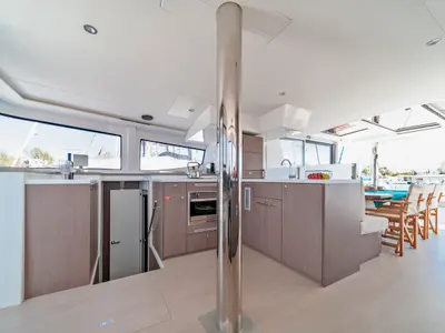 Galley of About Time, a Bali 4.8 catamaran at Athens, Greece