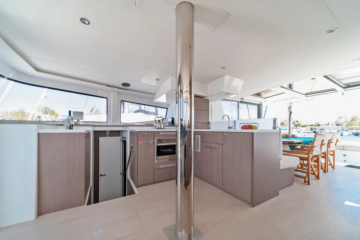 Galley of About Time, a Bali 4.8 catamaran at Athens, Greece