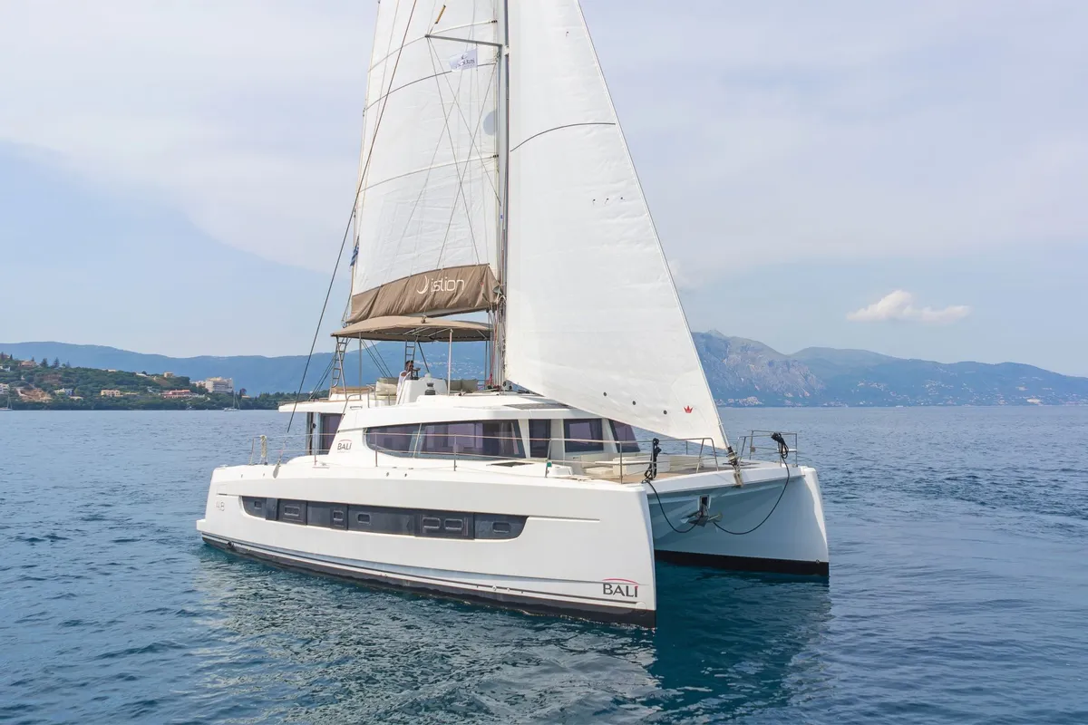 Exterior view of About Time, a Bali 4.8 catamaran at Athens, Greece