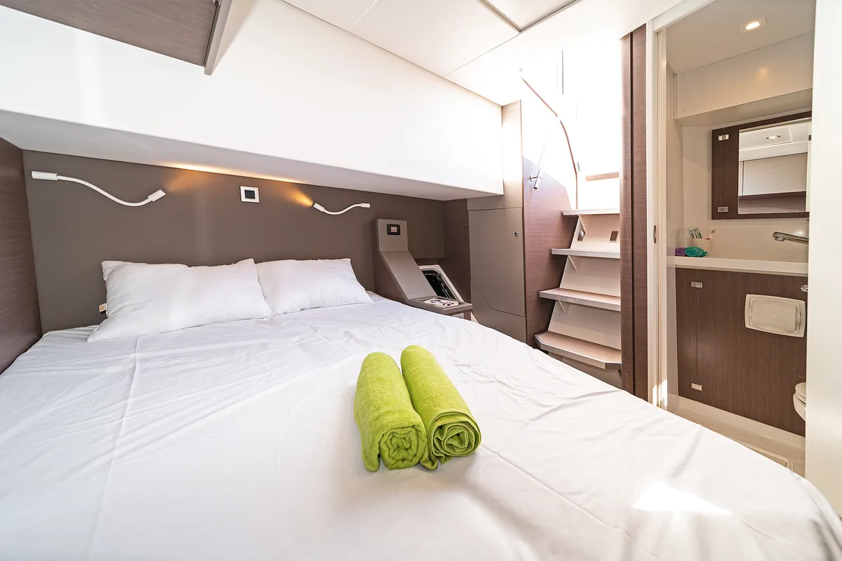Cabin on About Time, a Bali 4.8 catamaran at Athens, Greece