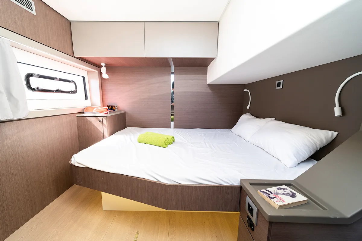 Cabin on About Time, a Bali 4.8 catamaran at Athens, Greece