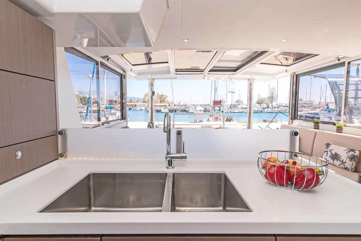 Galley of About Time, a Bali 4.8 catamaran at Athens, Greece