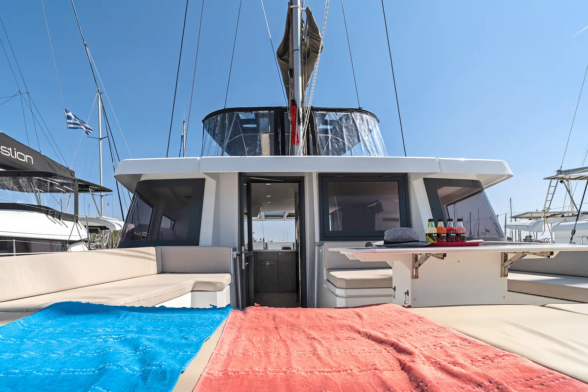 Deck of About Time, a Bali 4.8 catamaran at Athens, Greece