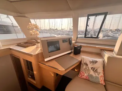 Cockpit of Bollinger, a Fountaine Pajot Astréa 42 catamaran at Olbia, Italy