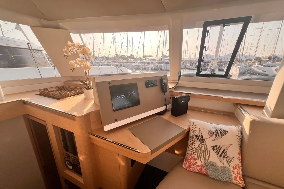 Cockpit of Bollinger, a Fountaine Pajot Astréa 42 catamaran at Olbia, Italy