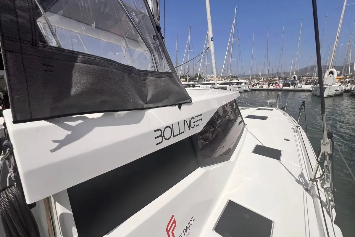 Exterior view of Bollinger, a Fountaine Pajot Astréa 42 catamaran at Olbia, Italy