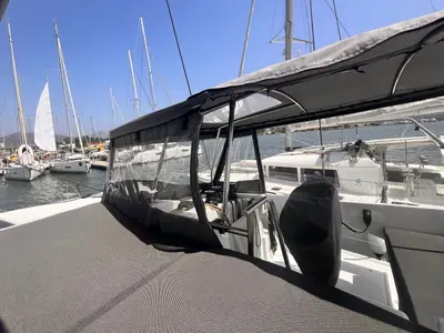 Deck of Bollinger, a Fountaine Pajot Astréa 42 catamaran at Olbia, Italy