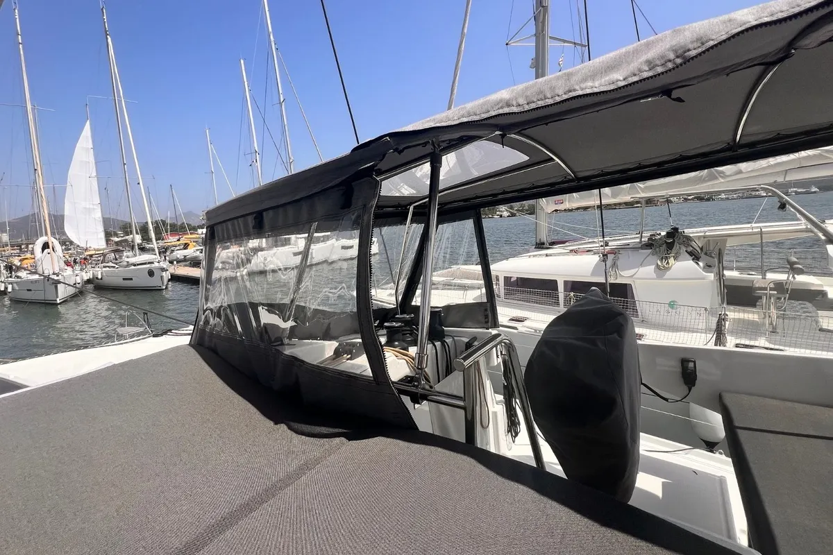 Deck of Bollinger, a Fountaine Pajot Astréa 42 catamaran at Olbia, Italy