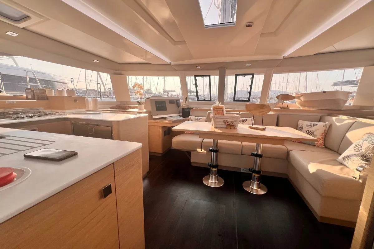 Salon of Bollinger, a Fountaine Pajot Astréa 42 catamaran at Olbia, Italy