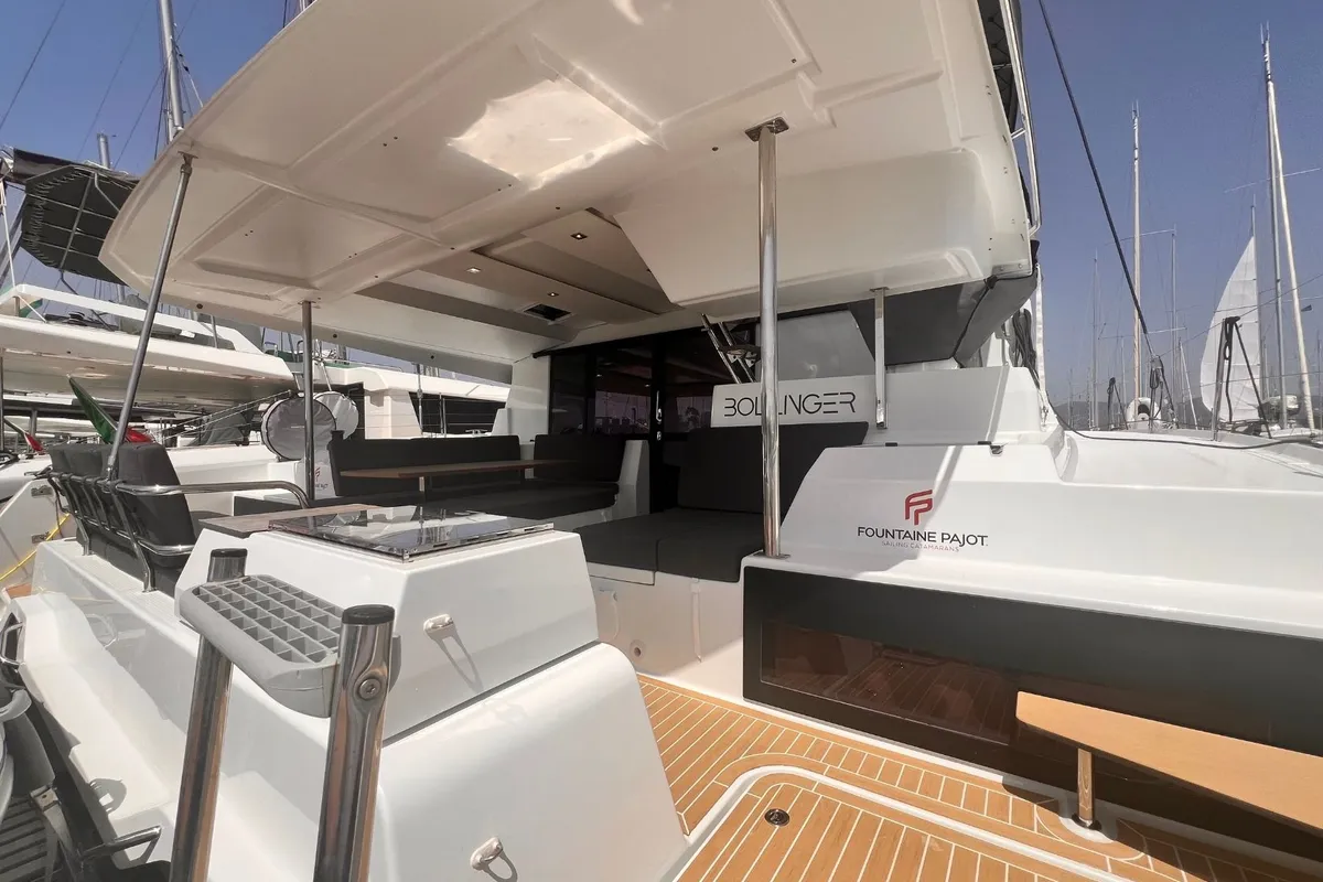 Exterior view of Bollinger, a Fountaine Pajot Astréa 42 catamaran at Olbia, Italy