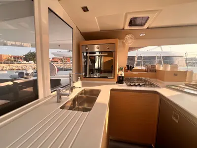 Galley of Bollinger, a Fountaine Pajot Astréa 42 catamaran at Olbia, Italy