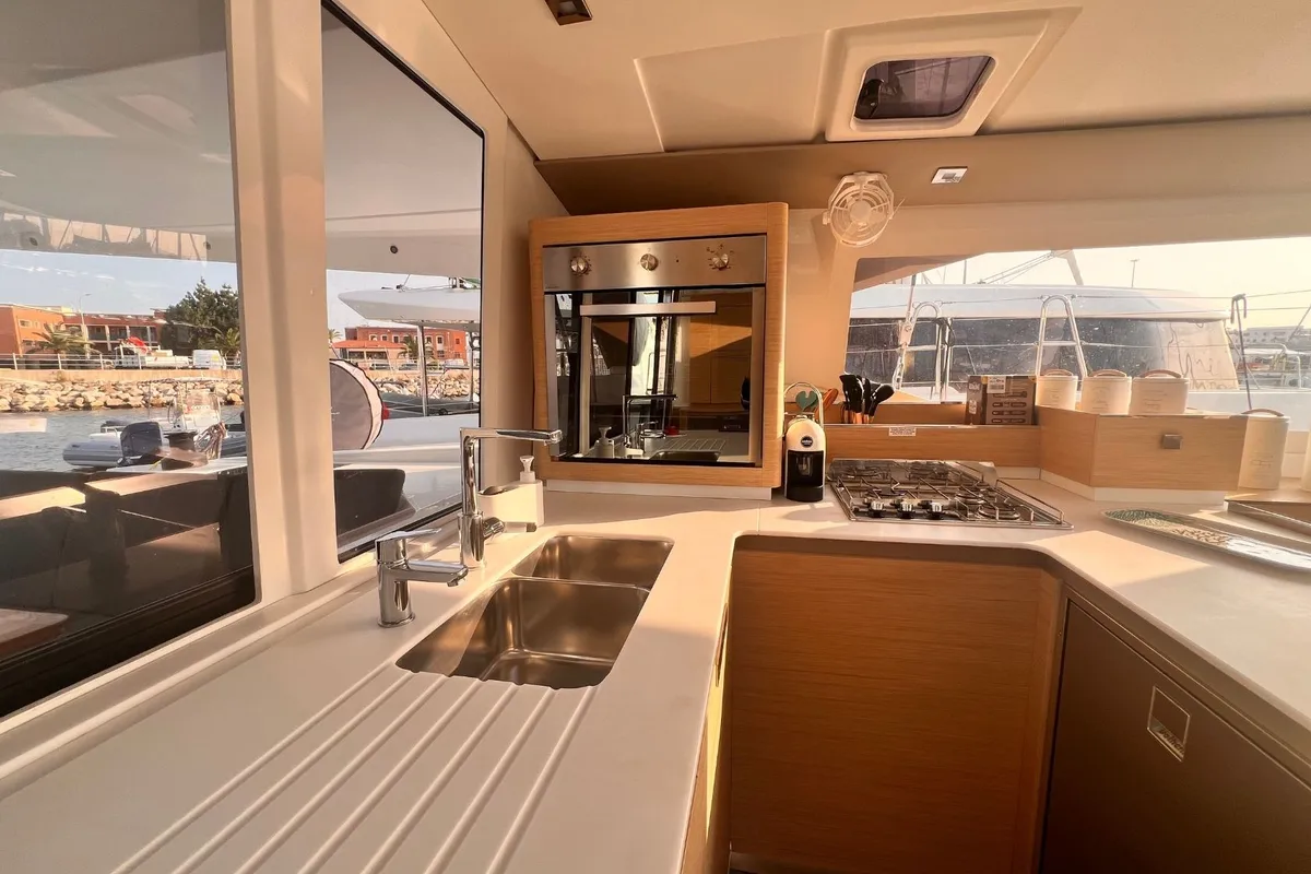 Galley of Bollinger, a Fountaine Pajot Astréa 42 catamaran at Olbia, Italy