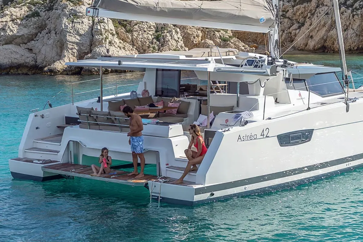 Exterior view of Bollinger, a Fountaine Pajot Astréa 42 catamaran at Olbia, Italy