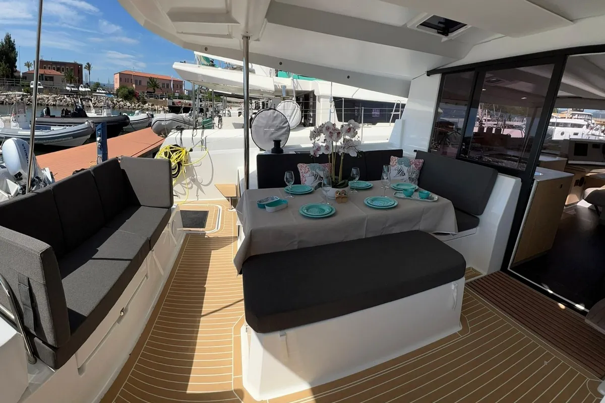 Deck of Bollinger, a Fountaine Pajot Astréa 42 catamaran at Olbia, Italy