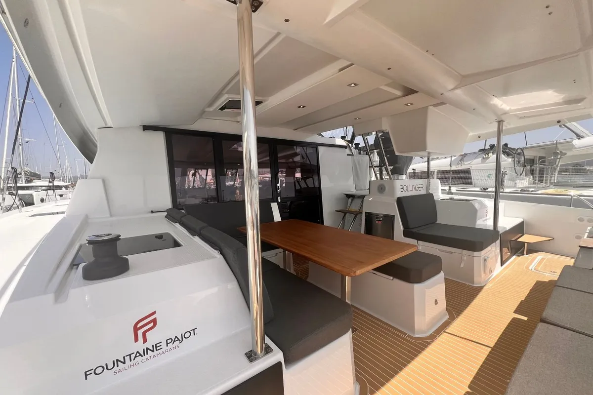 Deck of Bollinger, a Fountaine Pajot Astréa 42 catamaran at Olbia, Italy