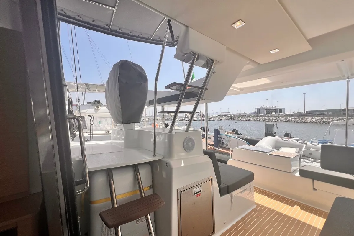Cockpit of Bollinger, a Fountaine Pajot Astréa 42 catamaran at Olbia, Italy