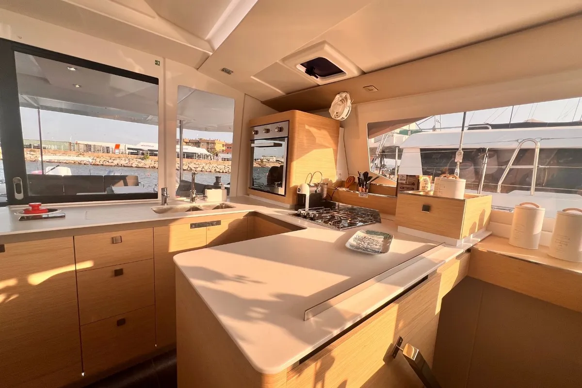 Galley of Bollinger, a Fountaine Pajot Astréa 42 catamaran at Olbia, Italy