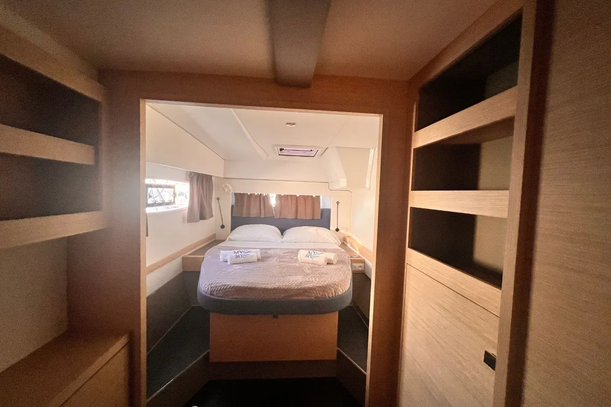 Cabin on Bollinger, a Fountaine Pajot Astréa 42 catamaran at Olbia, Italy