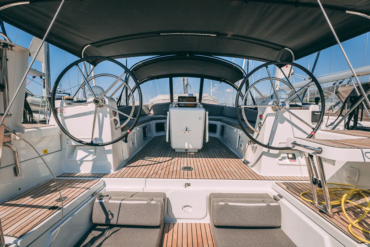 Cockpit of Il Gatto, a Jeanneau 54 sailboat at Kaštela, Croatia