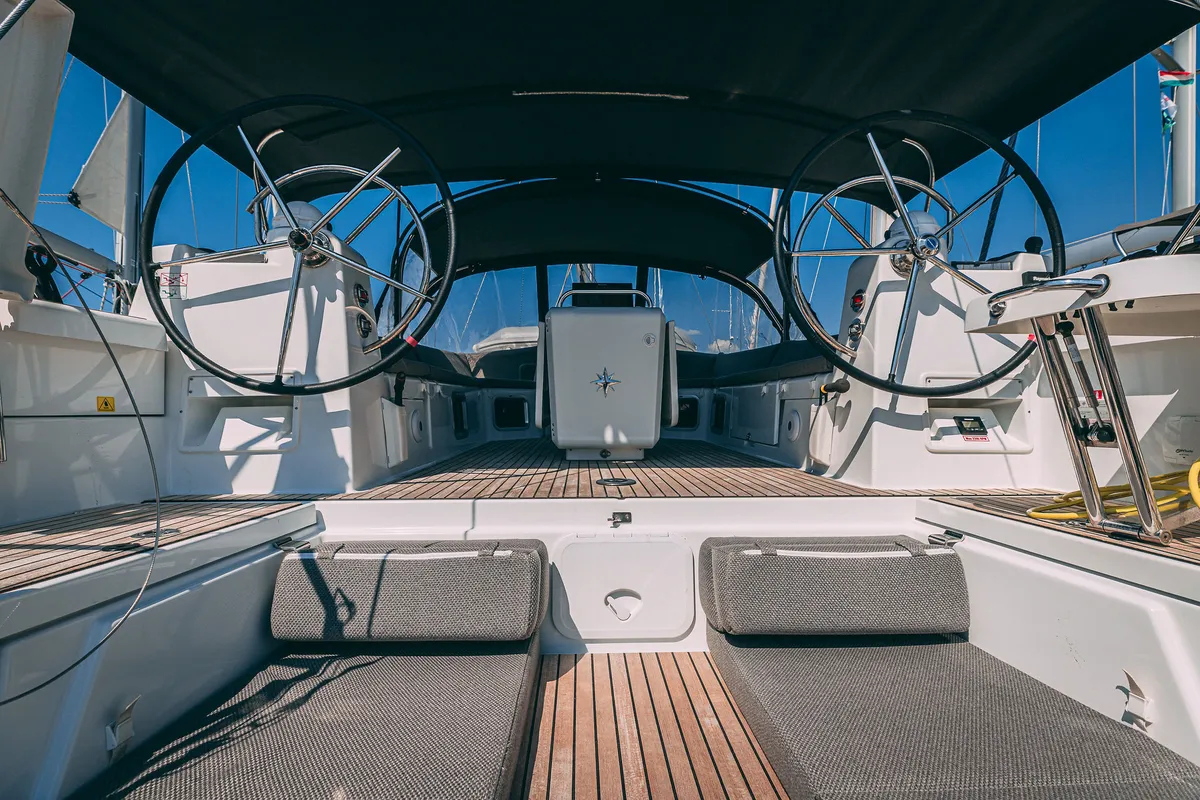 Cockpit of Il Gatto, a Jeanneau 54 sailboat at Kaštela, Croatia