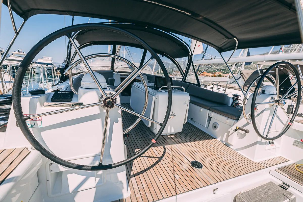 Cockpit of Il Gatto, a Jeanneau 54 sailboat at Kaštela, Croatia