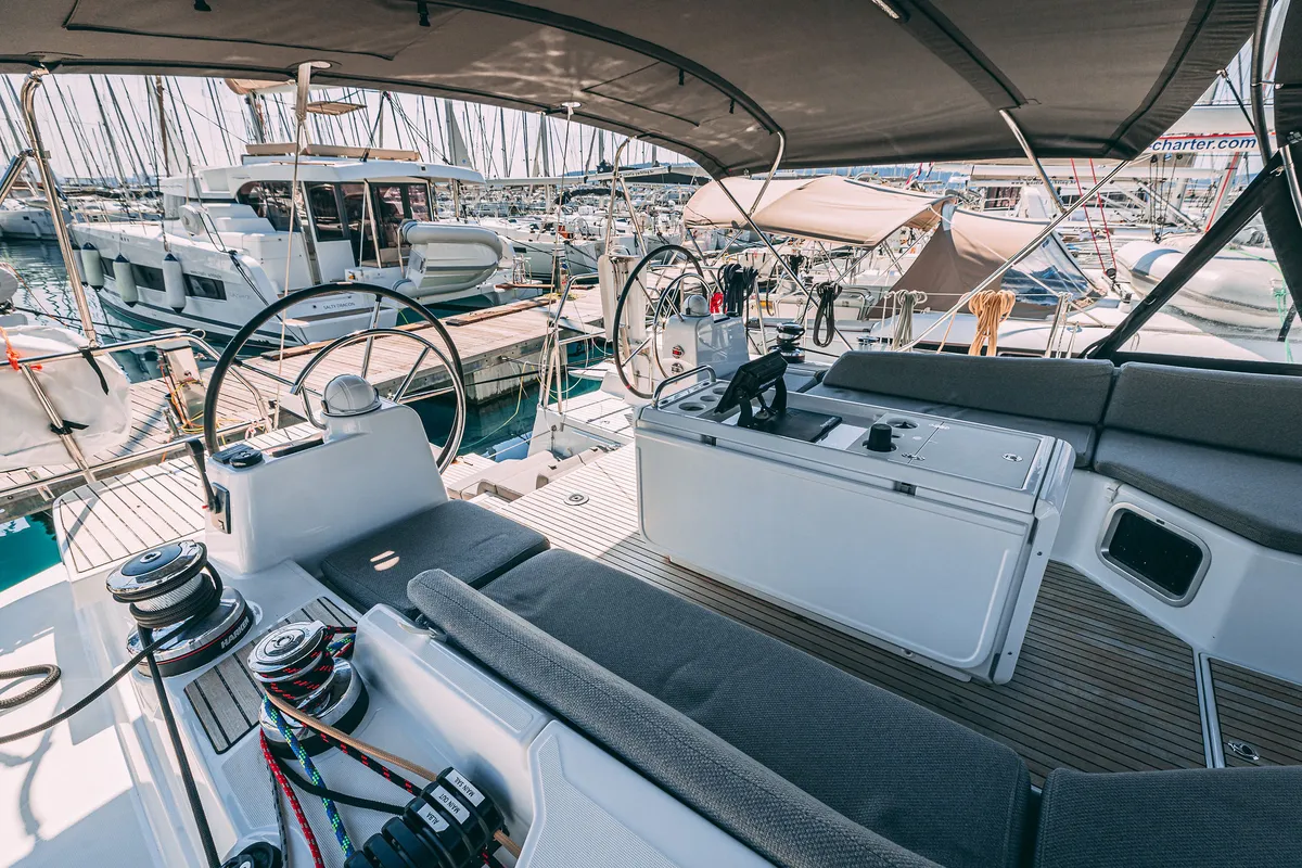Cockpit of Il Gatto, a Jeanneau 54 sailboat at Kaštela, Croatia