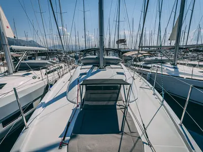 Deck of Il Gatto, a Jeanneau 54 sailboat at Kaštela, Croatia