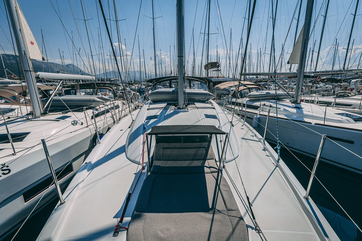 Deck of Il Gatto, a Jeanneau 54 sailboat at Kaštela, Croatia