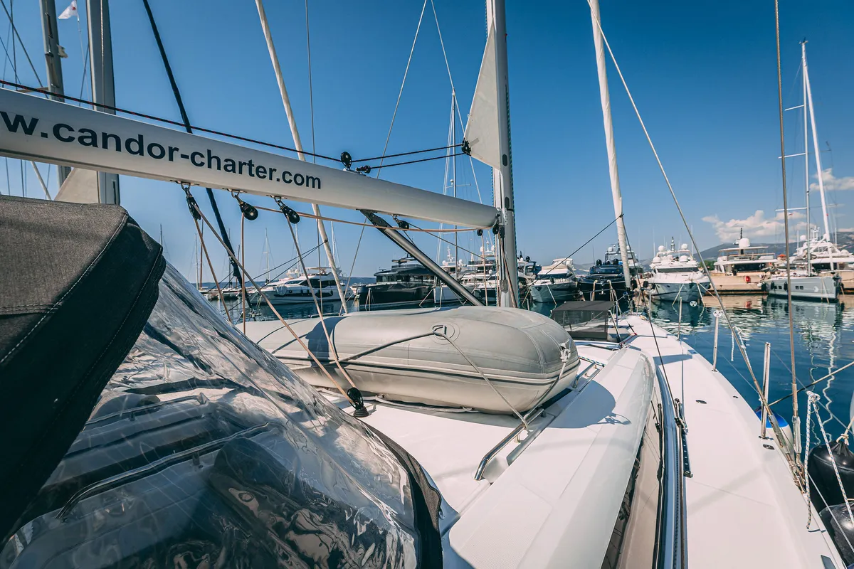 Deck of Il Gatto, a Jeanneau 54 sailboat at Kaštela, Croatia