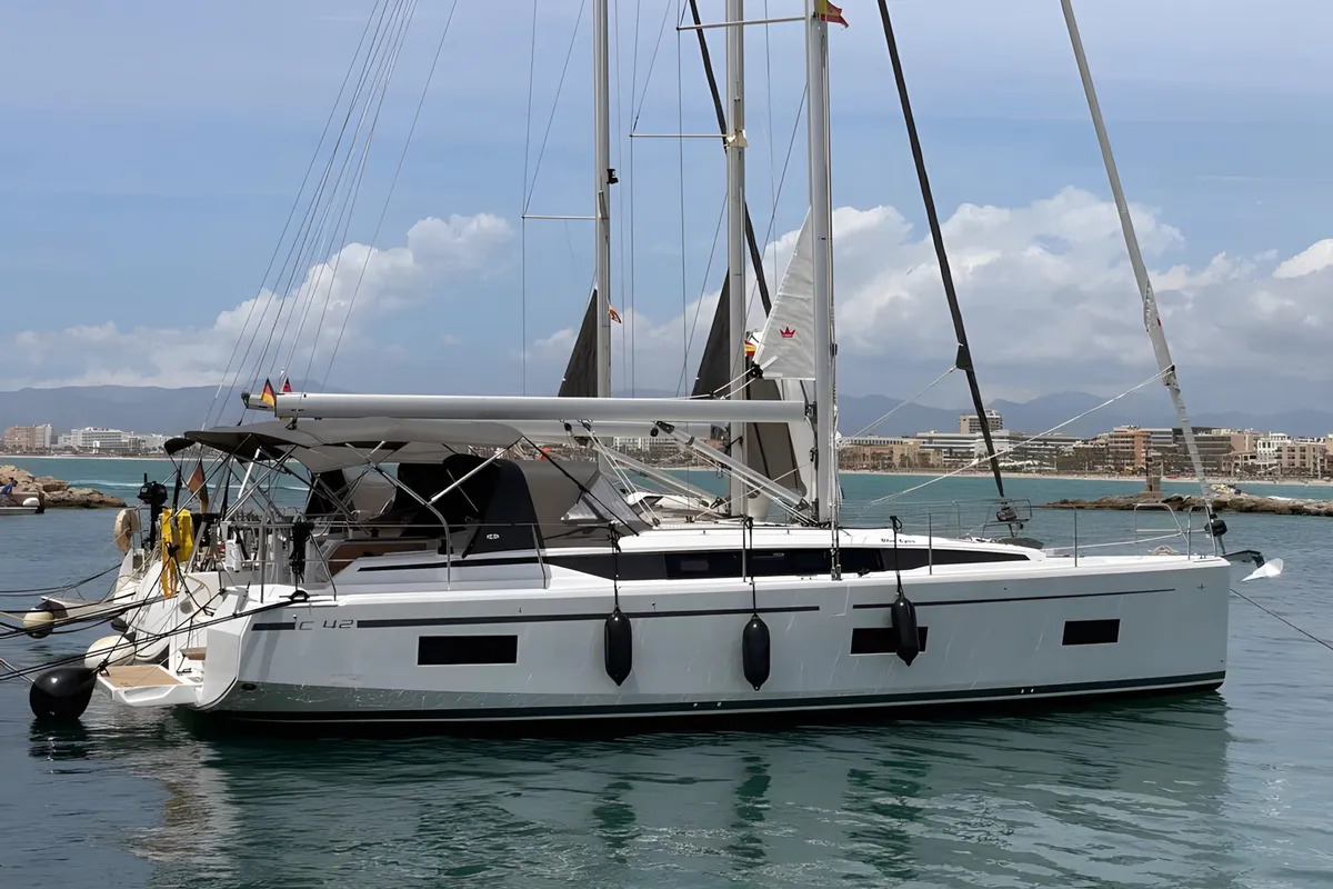 Exterior view of Blue Eyes, a Bavaria C42 sailboat at Palma de Mallorca, Spain