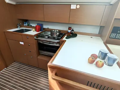 Galley of Blue Eyes, a Bavaria C42 sailboat at Palma de Mallorca, Spain