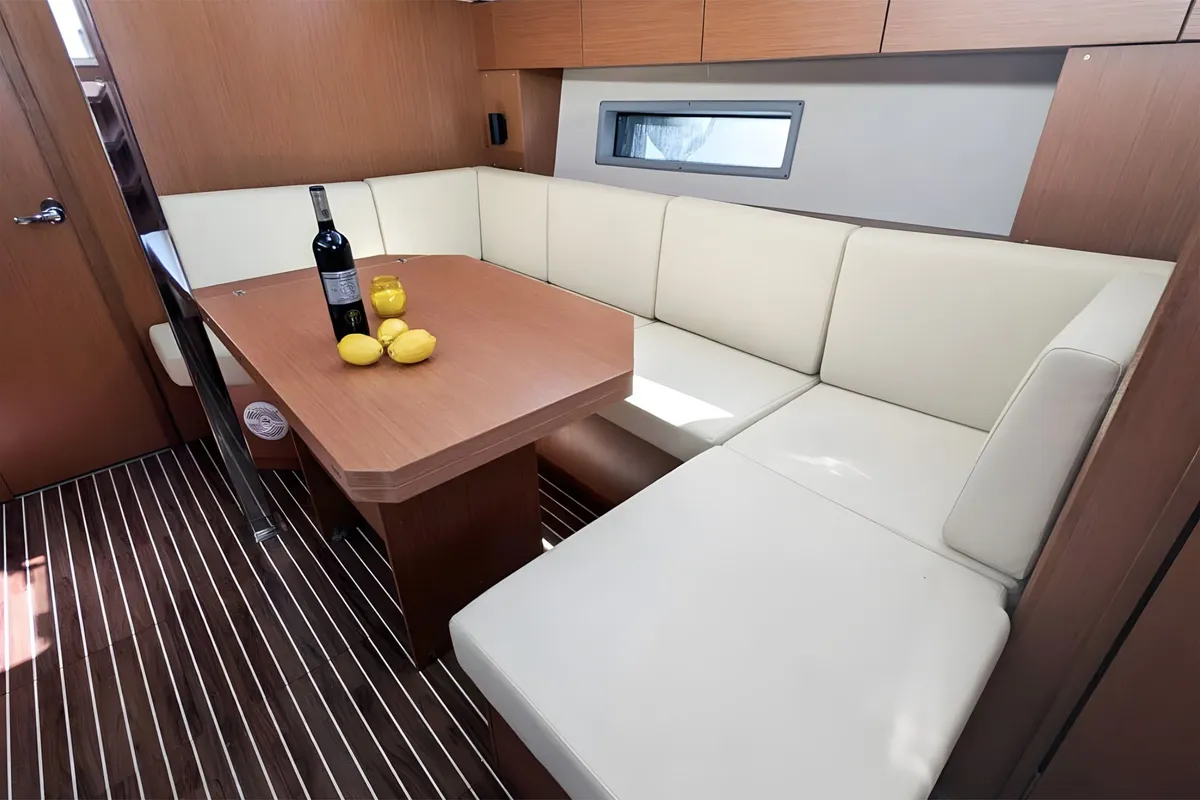 Salon of Blue Eyes, a Bavaria C42 sailboat at Palma de Mallorca, Spain
