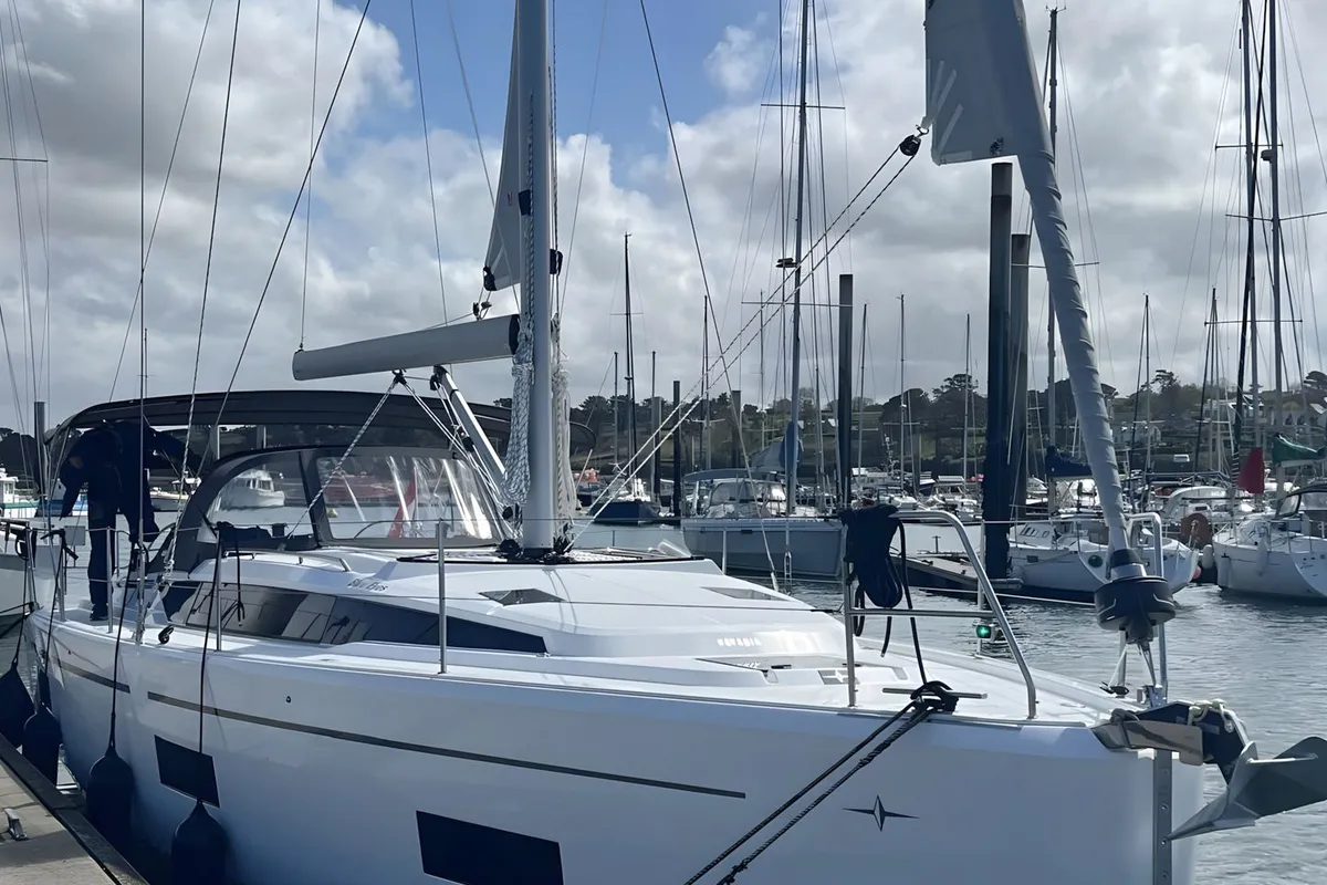 Exterior view of Blue Eyes, a Bavaria C42 sailboat at Palma de Mallorca, Spain