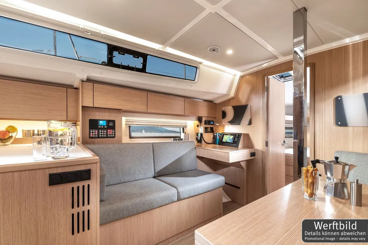 Salon of Blue Eyes, a Bavaria C42 sailboat at Palma de Mallorca, Spain