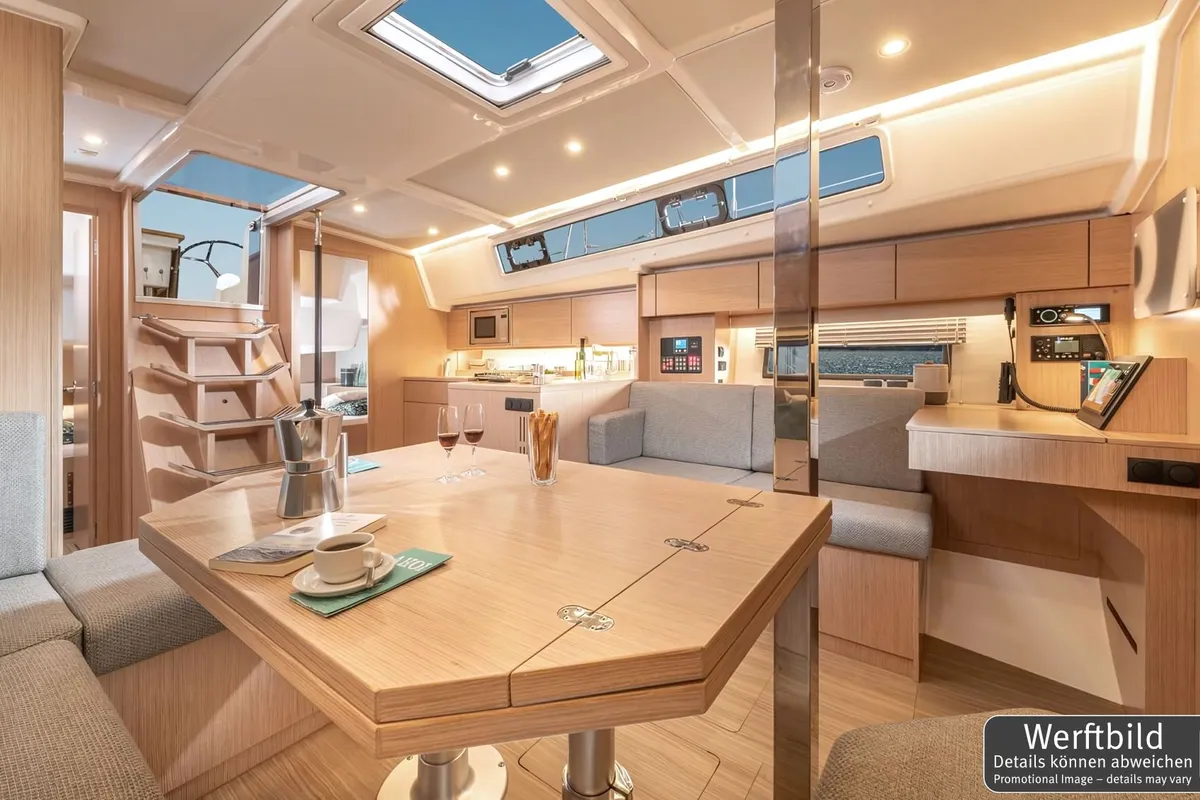 Salon of Blue Eyes, a Bavaria C42 sailboat at Palma de Mallorca, Spain