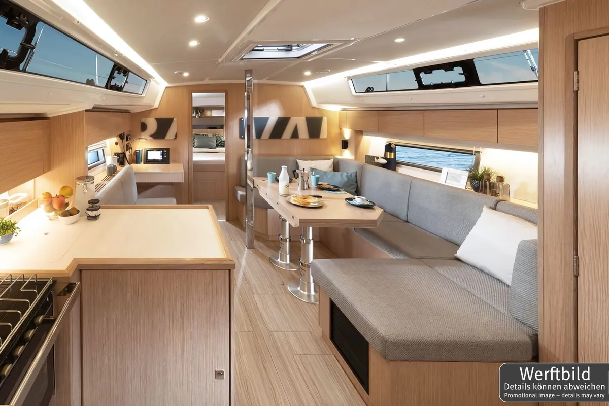 Salon of Blue Eyes, a Bavaria C42 sailboat at Palma de Mallorca, Spain