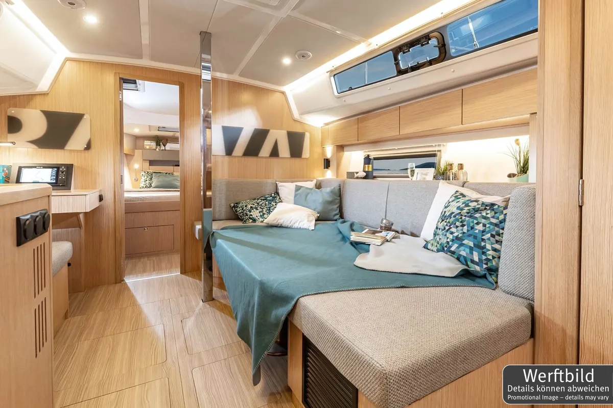 Salon of Blue Eyes, a Bavaria C42 sailboat at Palma de Mallorca, Spain