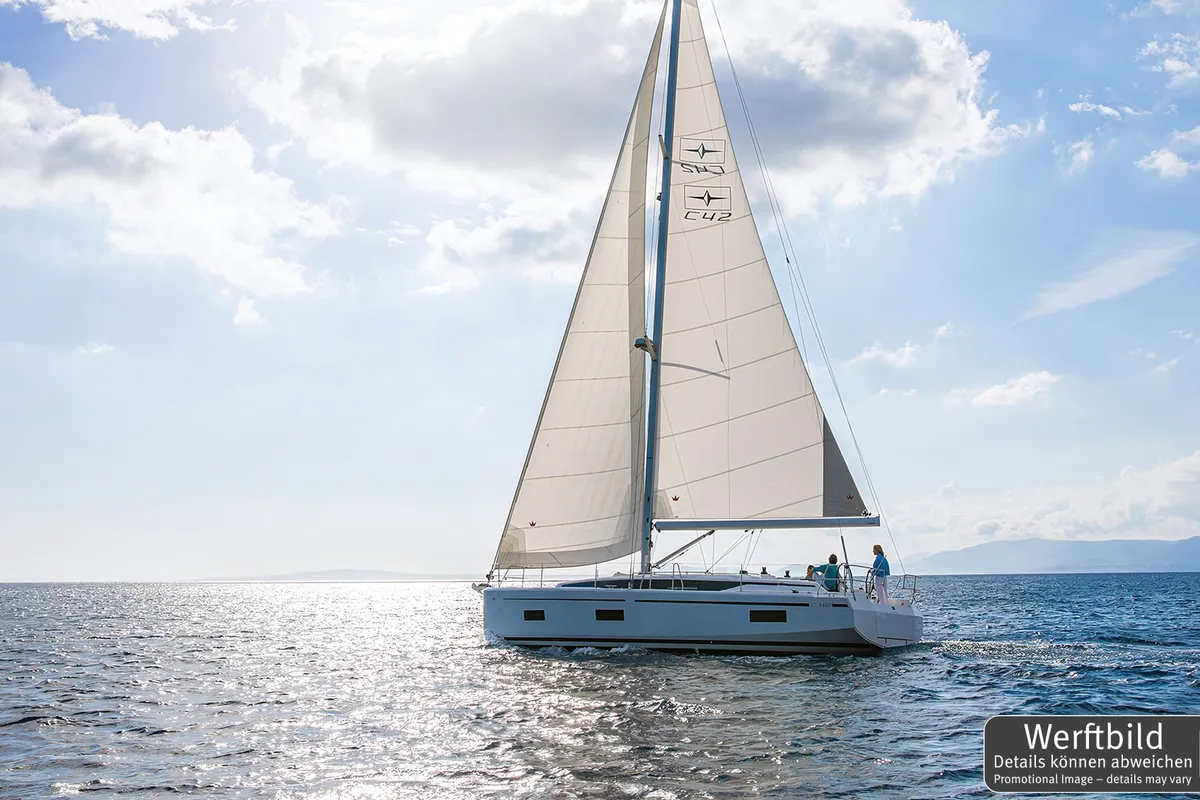 Exterior view of Blue Eyes, a Bavaria C42 sailboat at Palma de Mallorca, Spain