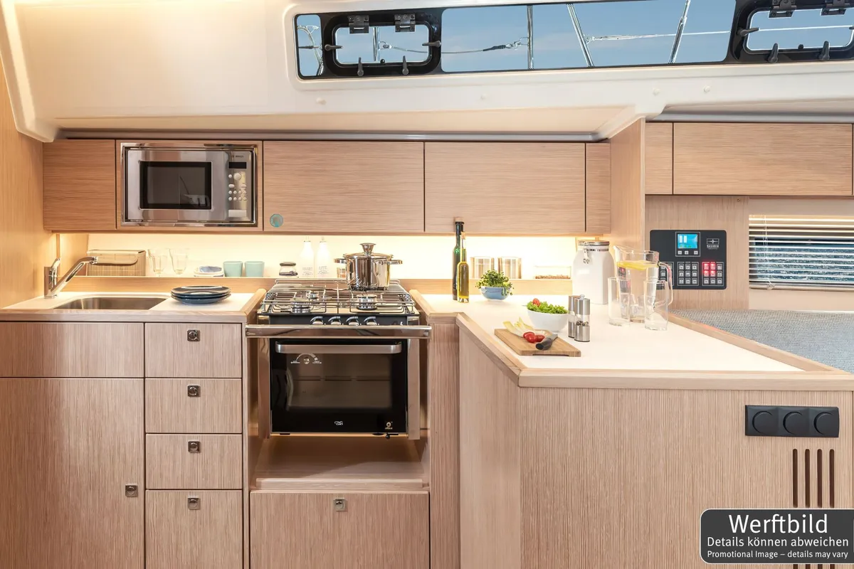 Galley of Blue Eyes, a Bavaria C42 sailboat at Palma de Mallorca, Spain