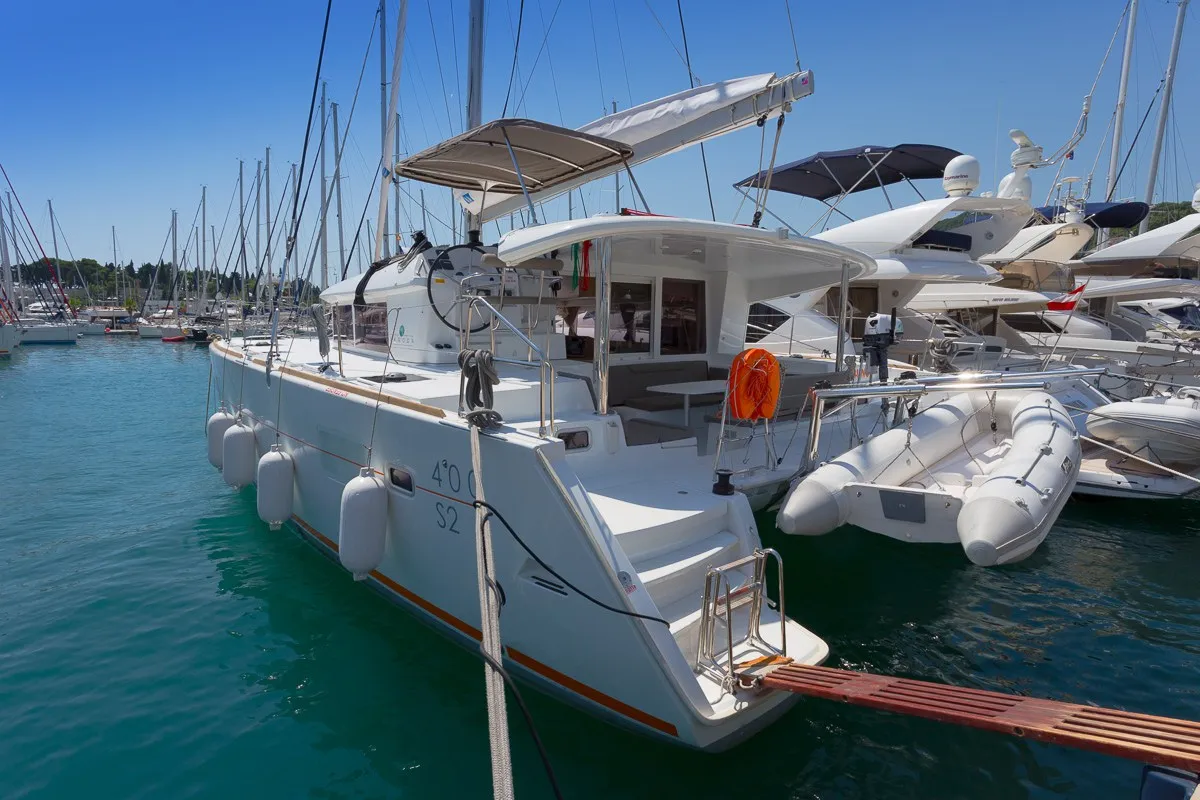 Exterior view of Sunshine, a Lagoon 400 S2 catamaran at Split, Croatia