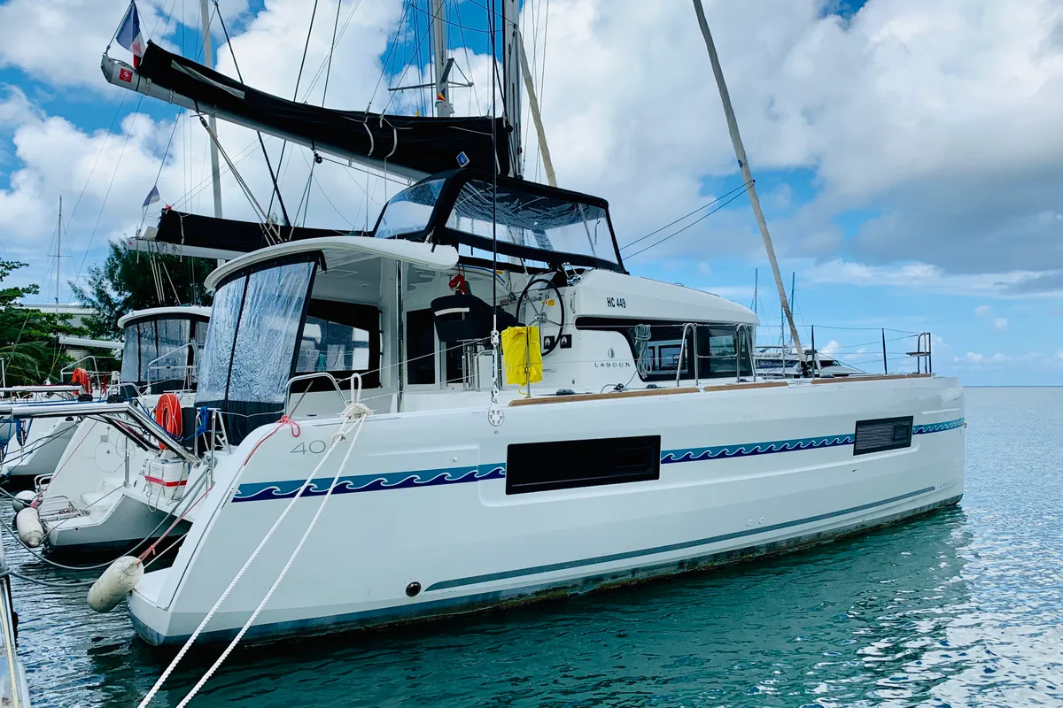 Exterior view of Ubah, a Lagoon 40 catamaran at Roche Caiman, Seychelles