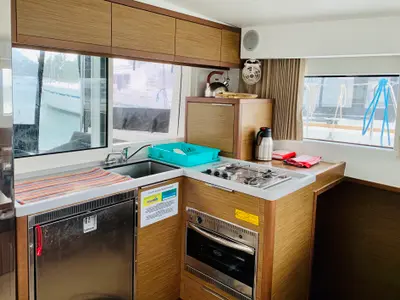 Galley of Ubah, a Lagoon 40 catamaran at Roche Caiman, Seychelles