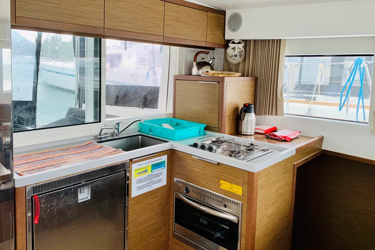 Galley of Ubah, a Lagoon 40 catamaran at Roche Caiman, Seychelles
