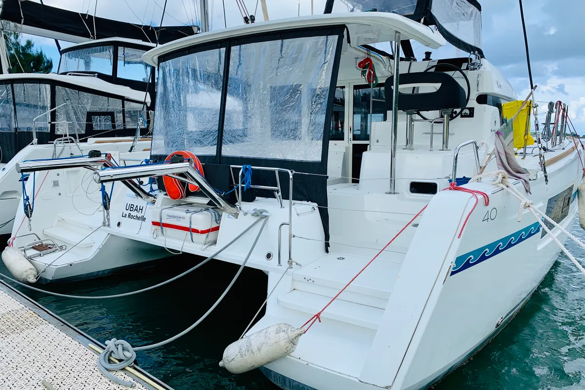 Exterior view of Ubah, a Lagoon 40 catamaran at Roche Caiman, Seychelles