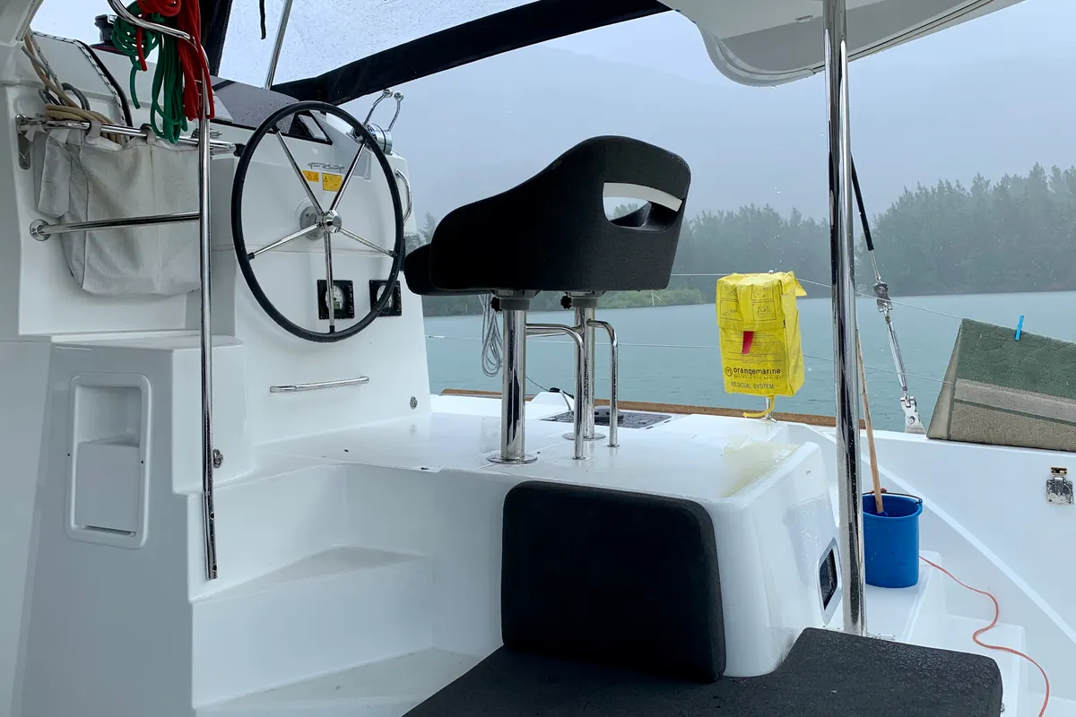 Cockpit of Ubah, a Lagoon 40 catamaran at Roche Caiman, Seychelles