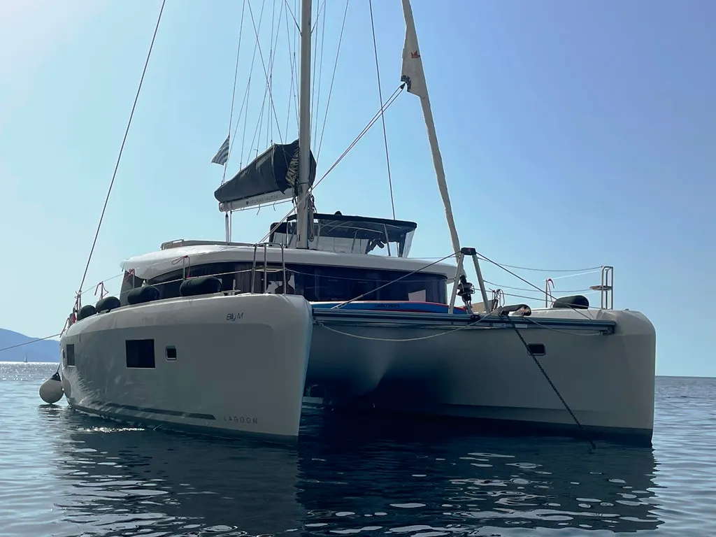 Salon of Billy M, a Lagoon 42 catamaran at Lavreotiki Municipal Unit, Greece